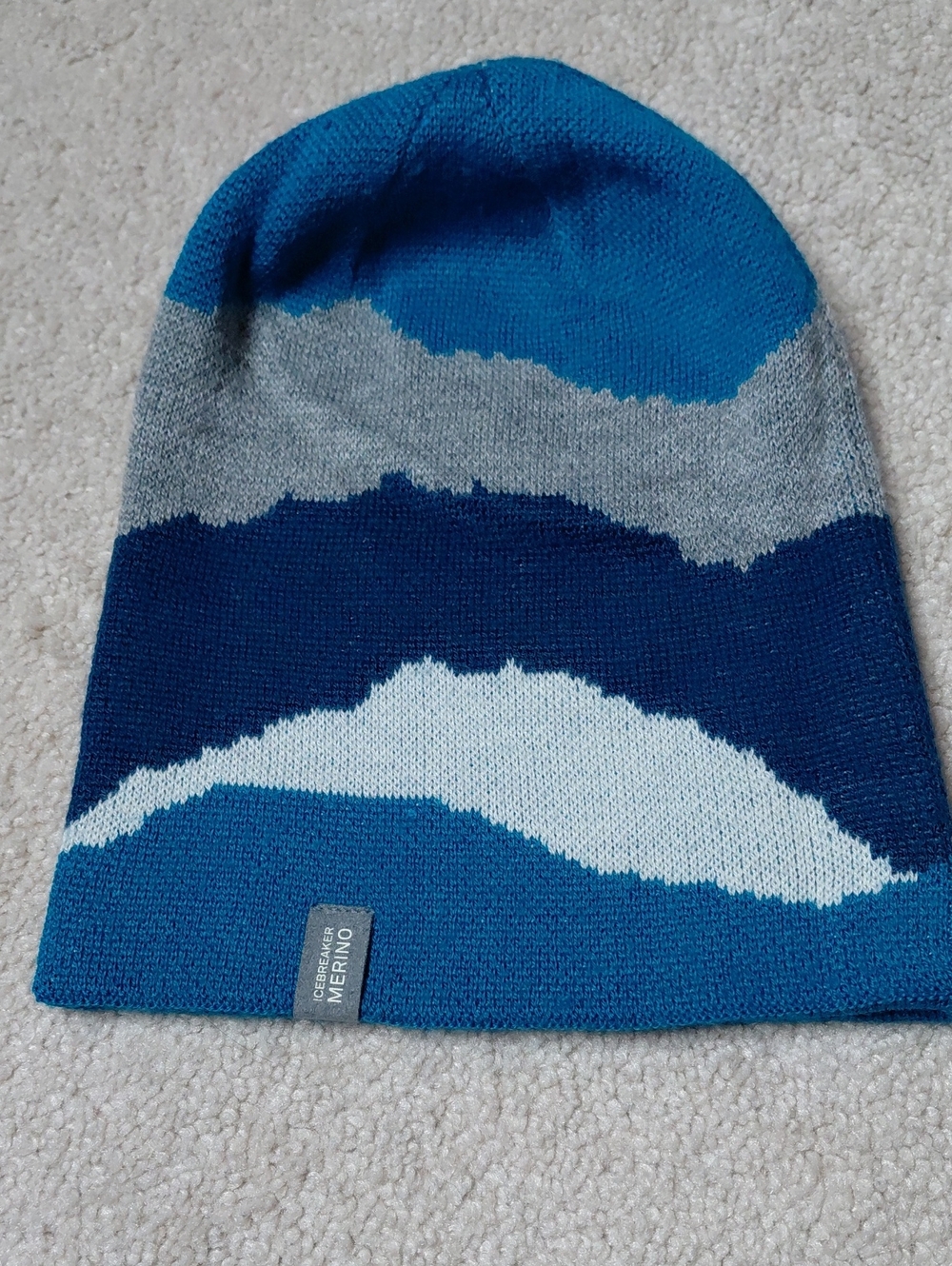 Icebreaker Kids Blue Navy Gray White Wave Stripe Merino Beanie